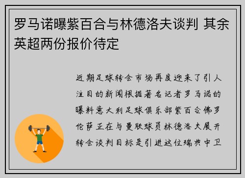 罗马诺曝紫百合与林德洛夫谈判 其余英超两份报价待定